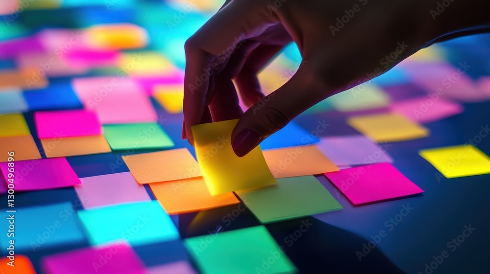 Poster woman placing a yellow sticky note on a glass table covered with colorful sticky notes, creating a v