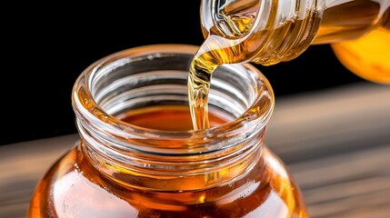 Amber Liquid Pouring into Glass Jar on Wood