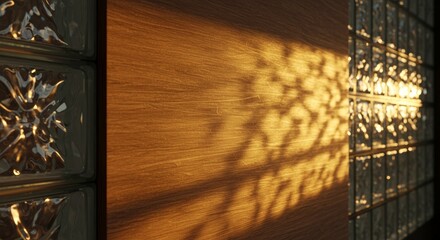 Warm light and shadows on wooden texture panel near clear glass bricks wall