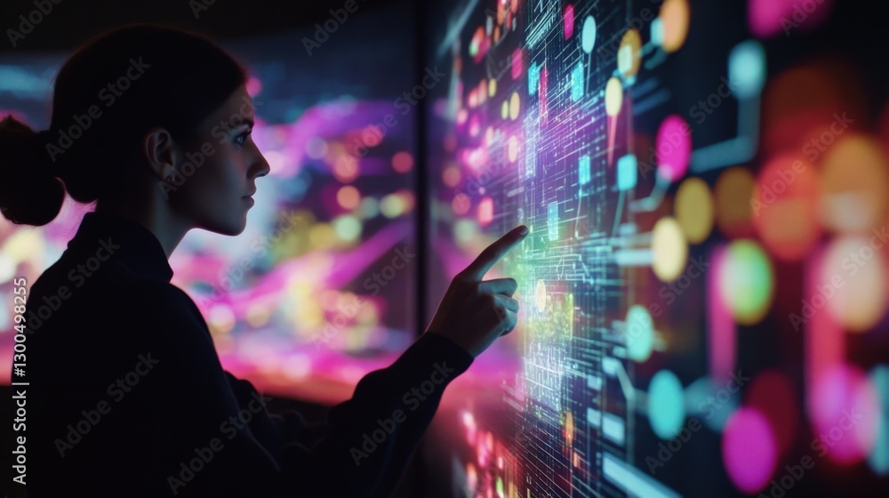 Poster the entrepreneur studies a dynamic infographic on the interactive screen illuminated by colorful vis