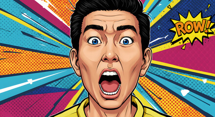 Man Showing Shock in Pop Art Style Against Colorful Background