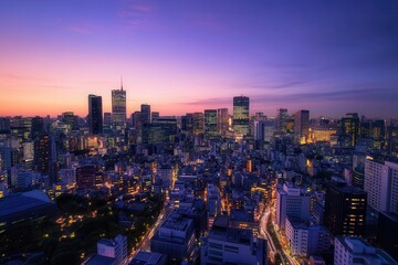 Fototapeta premium City skyline sunset aerial view with skyscrapers illuminated at twilight, urban landscape, travel destination, modern architecture, evening cityscape.
