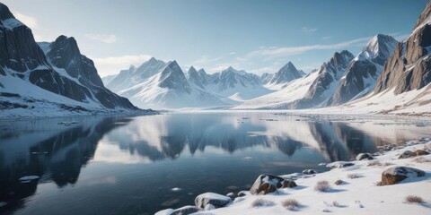 Fototapeta premium Arctic landscape with snow-covered mountains and frozen lake, mountain, arctic, snowy