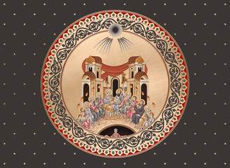 Pintecost. White Sunday. Decorative vintage dome illustration in Byzantine style