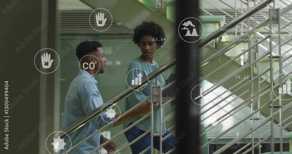 Poster image of data processing and ecology icons over office