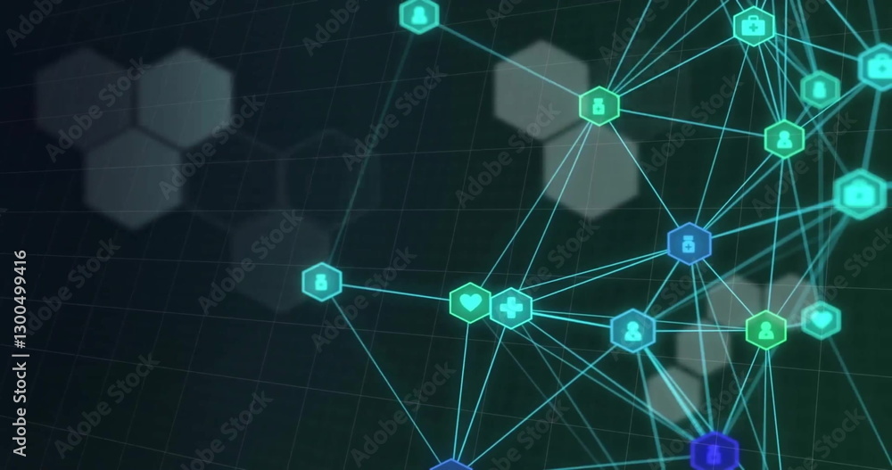 Poster image of network of connections with icons over moving hexagons on black background
