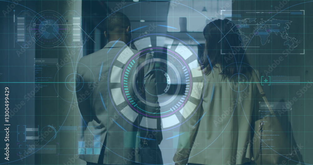 Poster image of scope scanning and world map with data over diverse colleagues walking in office
