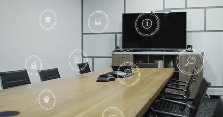 Image of data processing and ecology icons over office