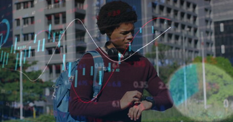 Image of financial data processing over african american man on street