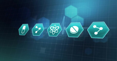 Image of medical icons over cardiograph and moving hexagons on black background