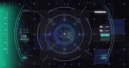 Image of digital data processing over scope scanning on black background