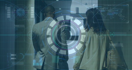 Image of scope scanning and world map with data over diverse colleagues walking in office