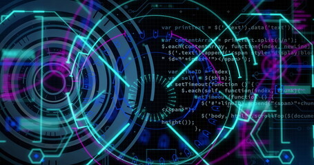 Image of digital data processing over scope scanning on black background