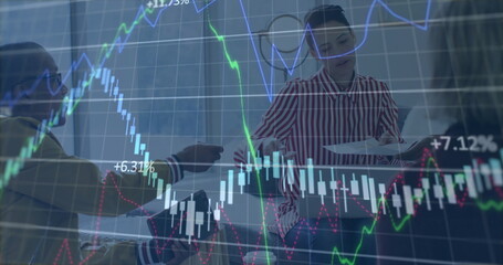 Image of financial data processing over diverse colleagues discussing work in office