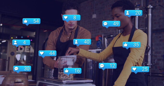 Image of social media icons with numbers over diverse male and female baristas