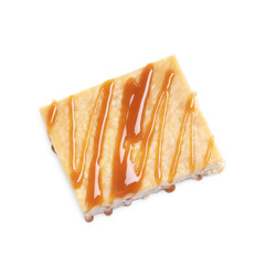 Delicious caramel puffed rice bar isolated on white, top view