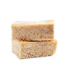 Delicious caramel puffed rice bars isolated on white