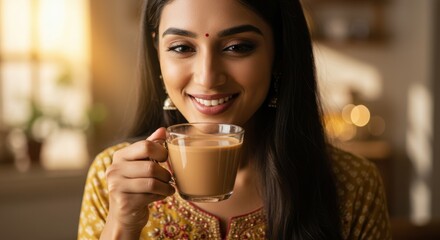 Smiling Woman Enjoying a Warm Cup of Masala Chai