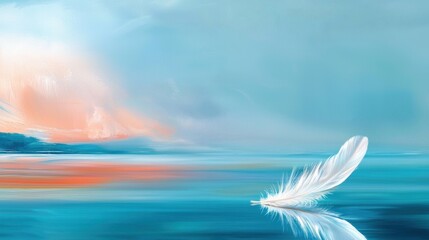 A delicate white feather drifts peacefully on calm water, reflecting the soft colors of the morning sky as dawn breaks over the horizon with gentle hues of blue and orange