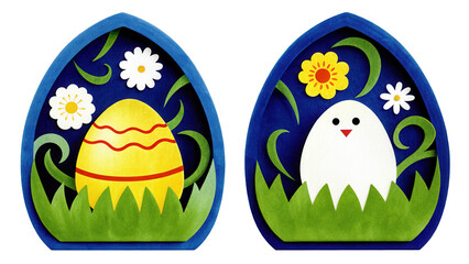 Fototapeta premium Easter Egg Illustrations Yellow Egg and Chick in Blue Nest