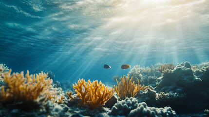 Fototapeta premium A stunning underwater scene featuring a colorful coral reef teeming with marine life. Perfect for ocean-themed projects, educational materials, websites, and prints. This vibrant illustration captures