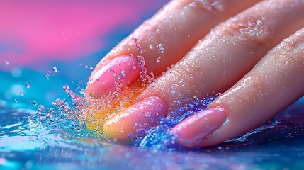 Fototapeta premium Hand pushing colorful liquid, water splash, vibrant background, artistic composition