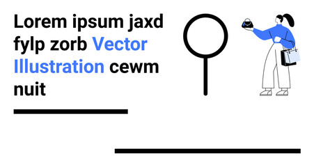 Woman wearing blue top holding tote bag and globe while magnifying glass and text elements dominate. Ideal for discovery, search, analytics, technology, education, research, minimalism-themed flat