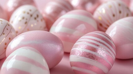 Fototapeta premium A variety of elegantly designed pastel pink Easter eggs are displayed, showcasing glossy finishes and intricate patterns, perfect for spring festivities and holiday traditions