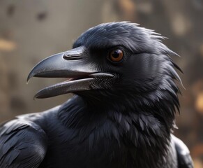 Fototapeta premium Close-up portrait of a flying crow with its beak and feathers, beak, nature, birds