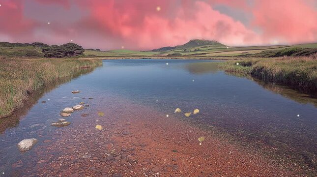 A serene shallow river flows under a mesmerizing pink sky, reflecting the warm hues of dusk. Gentle leaves float on the water, creating a peaceful and dreamlike atmosphere.