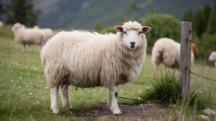Obraz premium A photo of a fluffy white sheep in a lush green meadow captures the peaceful scene, with the sheep grazing contentedly under the clear blue sky.