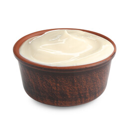 Tasty mayonnaise sauce in bowl isolated on white