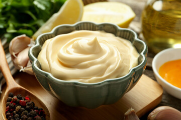 Delicious mayonnaise sauce in bowl and ingredients on table, closeup