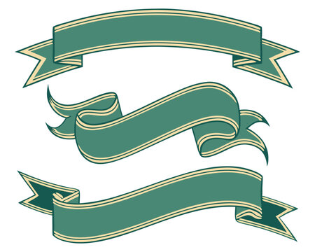 A collection of decorative ribbon banners in shades of green with gold trim, ideal for text placement, isolated on a white background.
