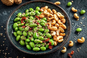 Nutritious snack bowl featuring seasoned edamame and roasted cashews perfect for healthy eating or entertaining guests at any time of day