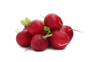 Many fresh ripe radishes isolated on white