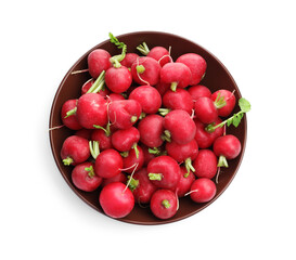 Fresh ripe radishes in bowl isolated on white, top view