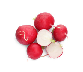 Whole and cut radishes isolated on white, top view