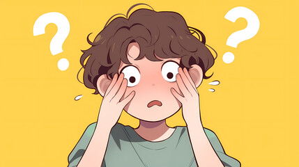 Fototapeta premium A confused young person with curly hair touching their face against a bright yellow background