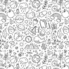 Hand drawn vector seamless pattern of summer and holiday doodle elements. Beach and warm weather related sketch objects