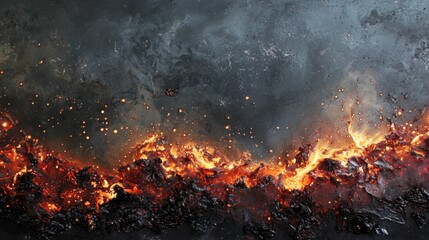 Fototapeta premium Lava erupts from a volcanic surface, glowing with bright orange and red hues against a dark, smoky backdrop, creating a dramatic and captivating scene of nature's power
