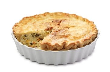 Tasty homemade pie with chicken and vegetables isolated on white