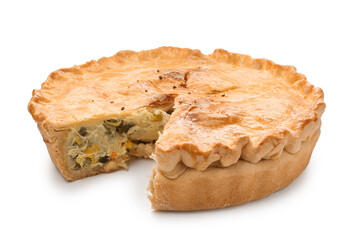 Tasty homemade pie with chicken and vegetables isolated on white