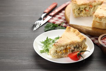 Delicious fresh homemade pie served on wooden table, closeup. Space for text
