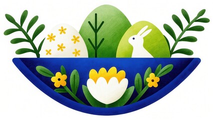 Pastel Easter Eggs and Bunny in Blue Bowl