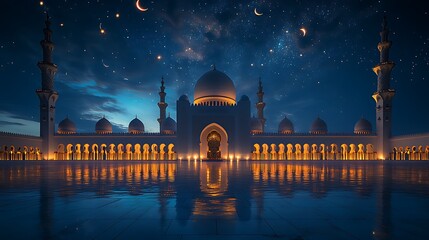 Illuminated Mosque at Night Reflecting Under Starry Sky
