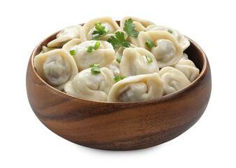 Delicious dumplings with fresh green onion and parsley in bowl isolated on white