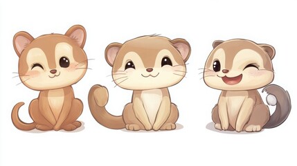 Three cartoon-like animal characters with expressive faces and playful poses. They are drawn in soft colors, perfect for children's media.