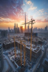Construction site skyline at sunset with cranes and buildings under development in urban city landscape for architecture and engineering projects.