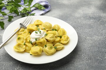 Tasty dumplings with green onion, sour cream and fork on grey textured table, closeup. Space for text